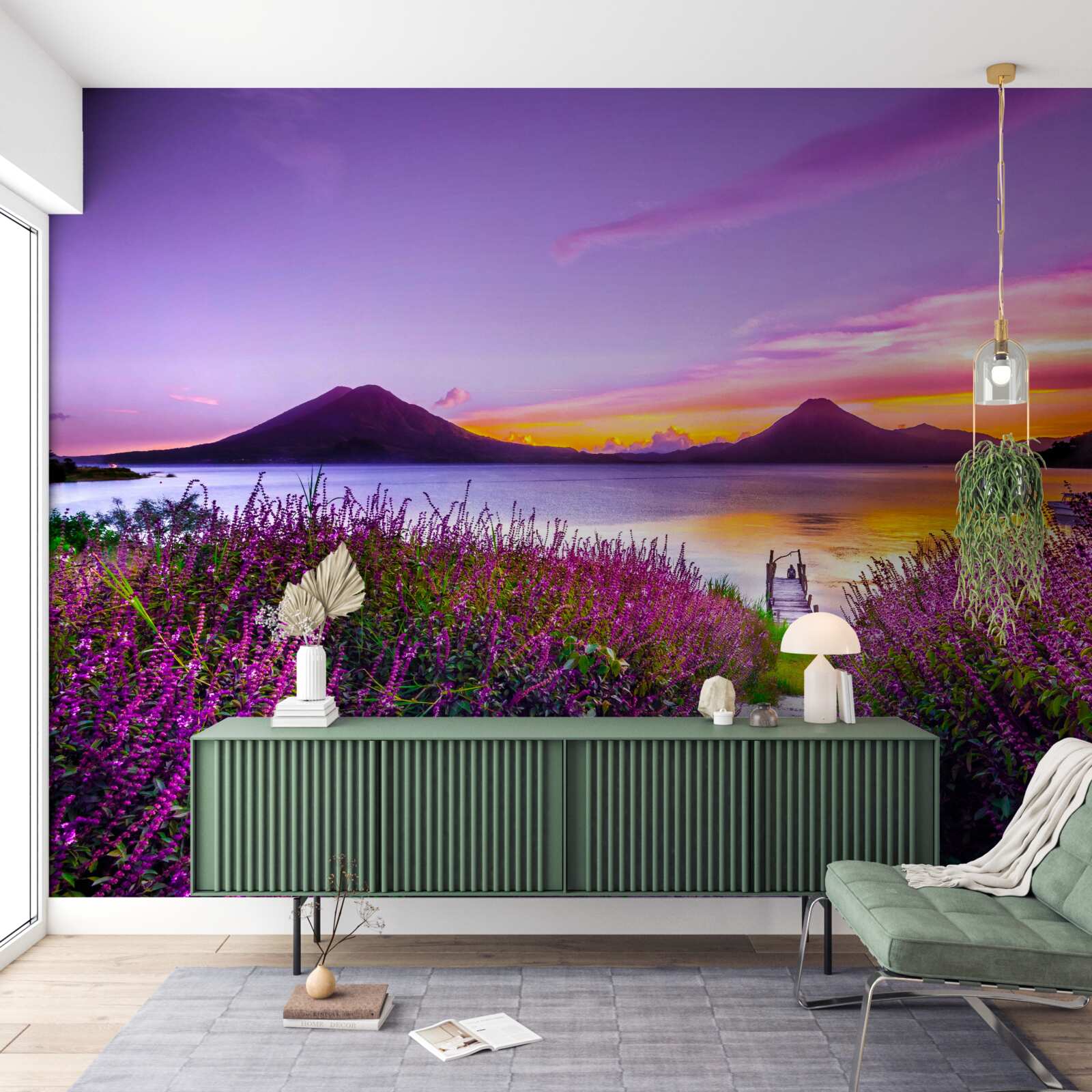 Fotobehang pad omringd door lavendelstruiken