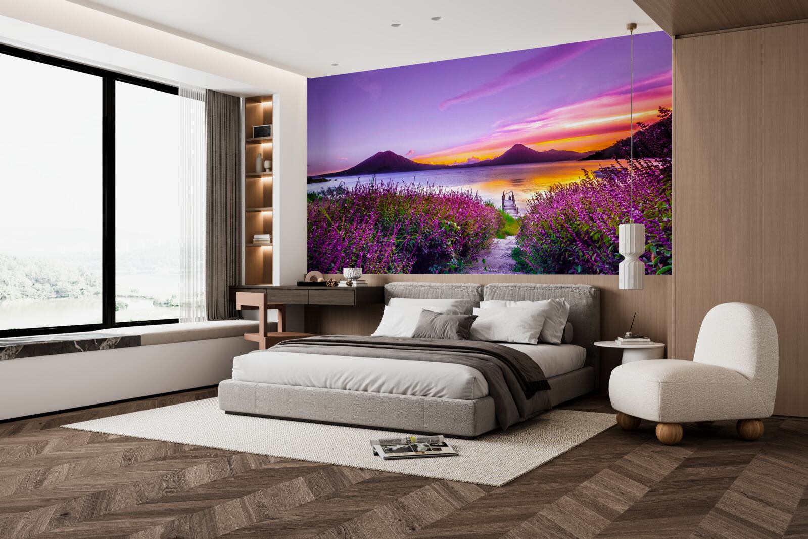 Fotobehang pad omringd door lavendelstruiken