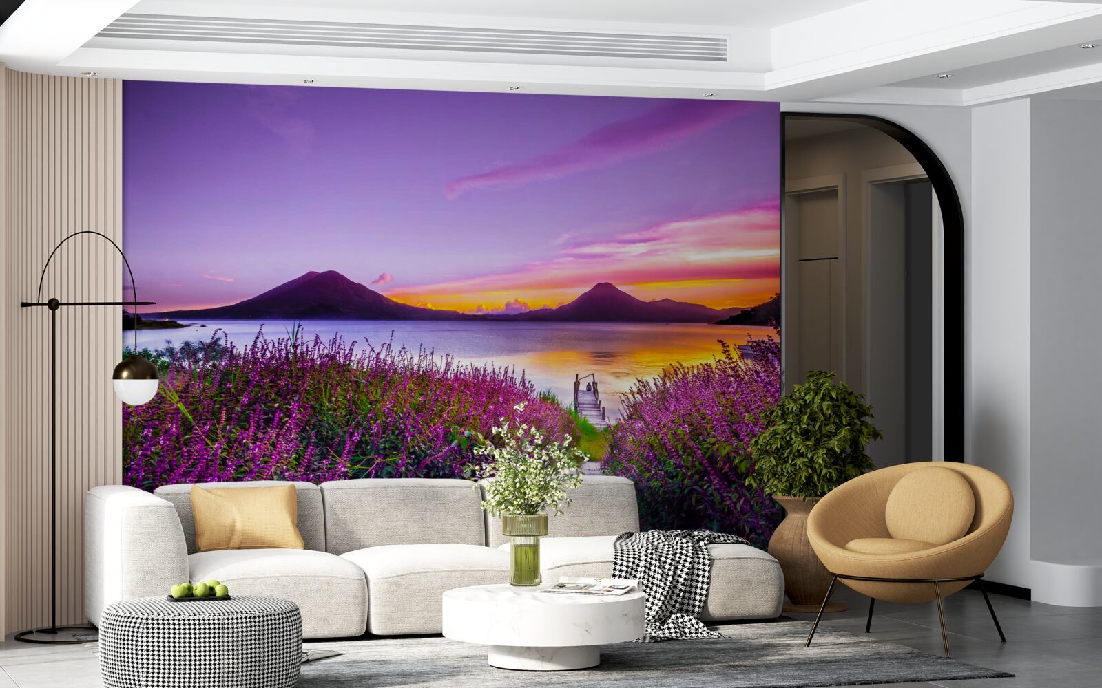 Fotobehang pad omringd door lavendelstruiken