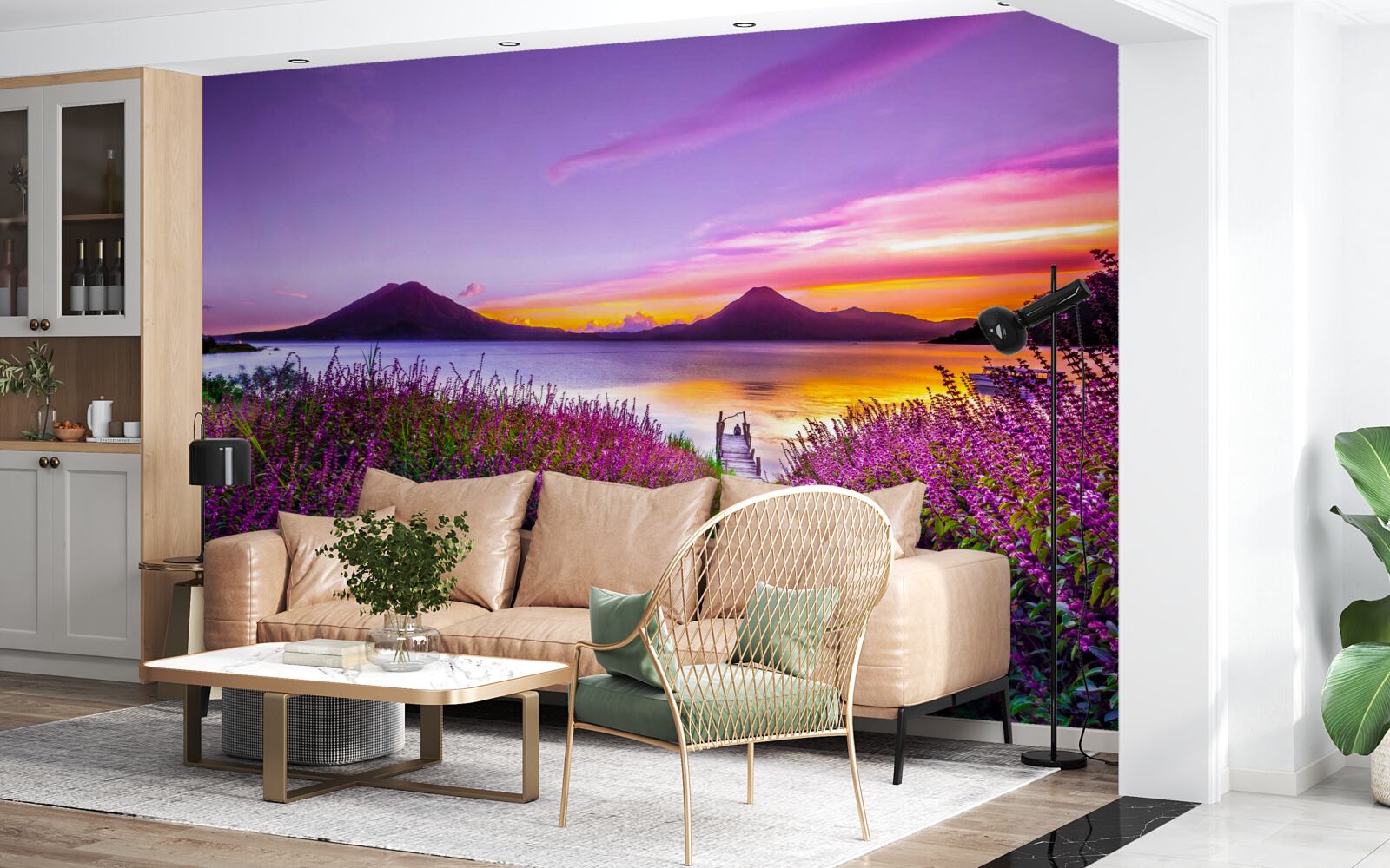 Fotobehang pad omringd door lavendelstruiken