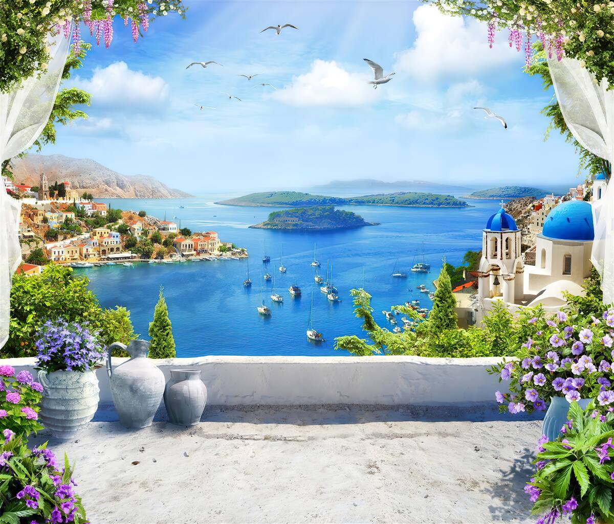 Fotobehang panorama van de stad en de rivier