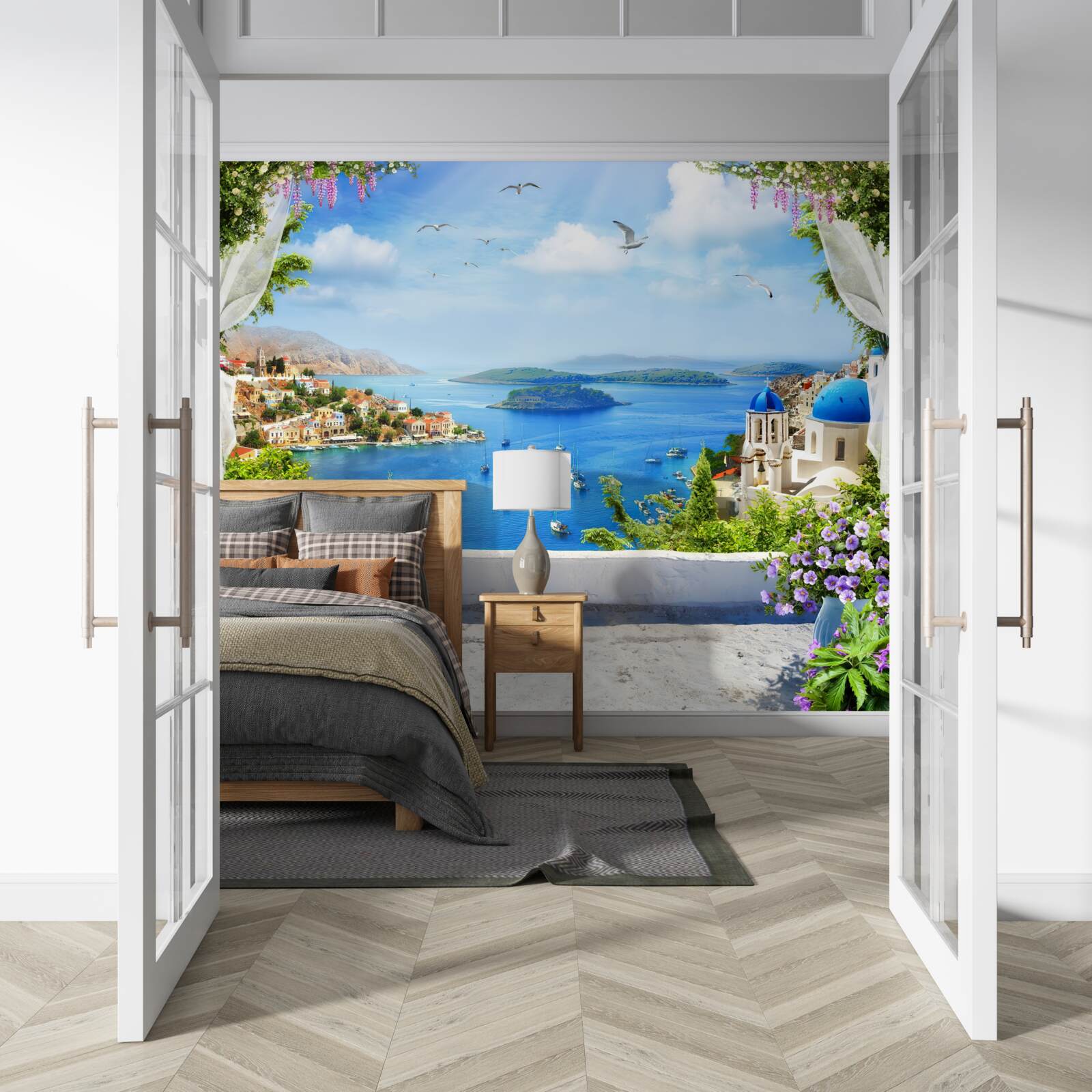 Fotobehang panorama van de stad en de rivier