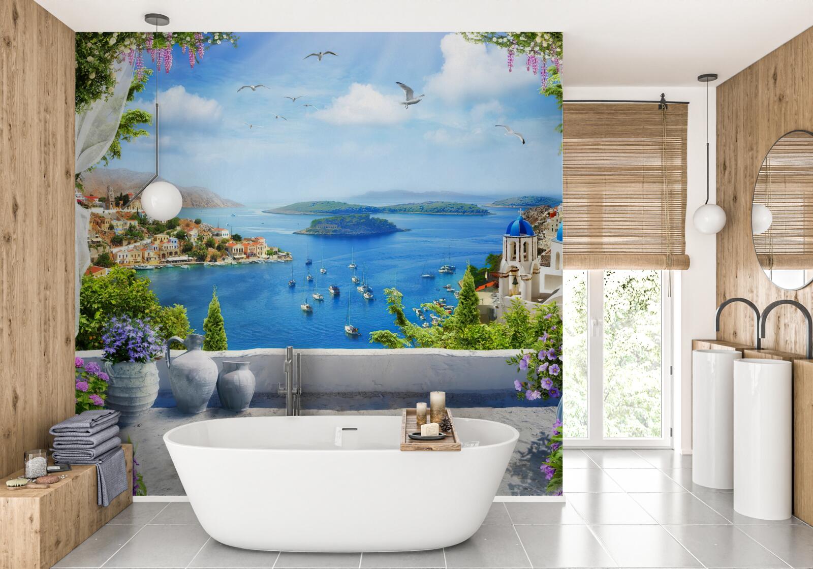 Fotobehang panorama van de stad en de rivier