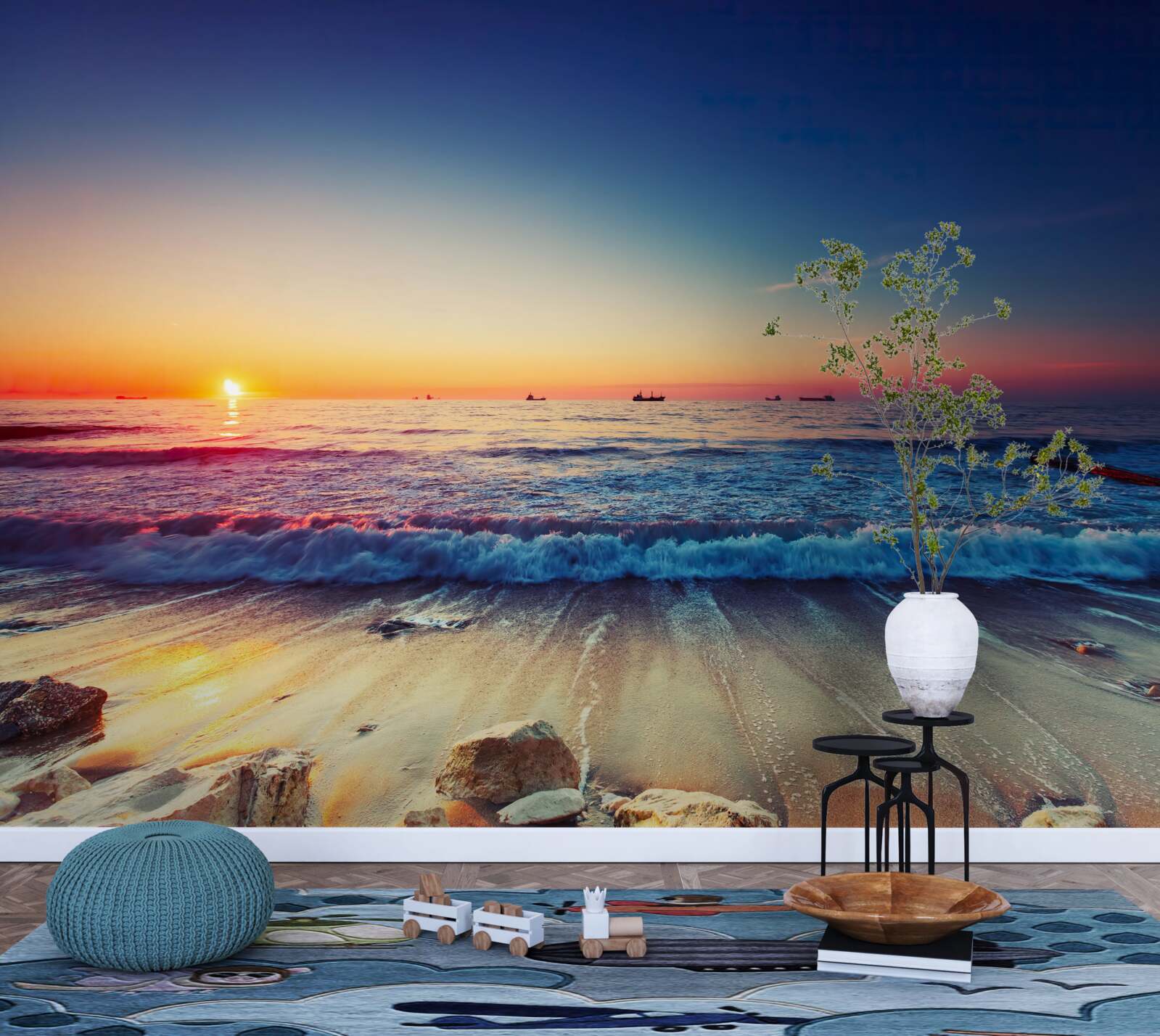 Fotobehang zeestorm tegen een achtergrond van zonsondergang