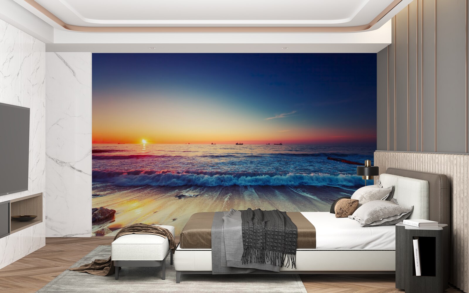 Fotobehang zeestorm tegen een achtergrond van zonsondergang