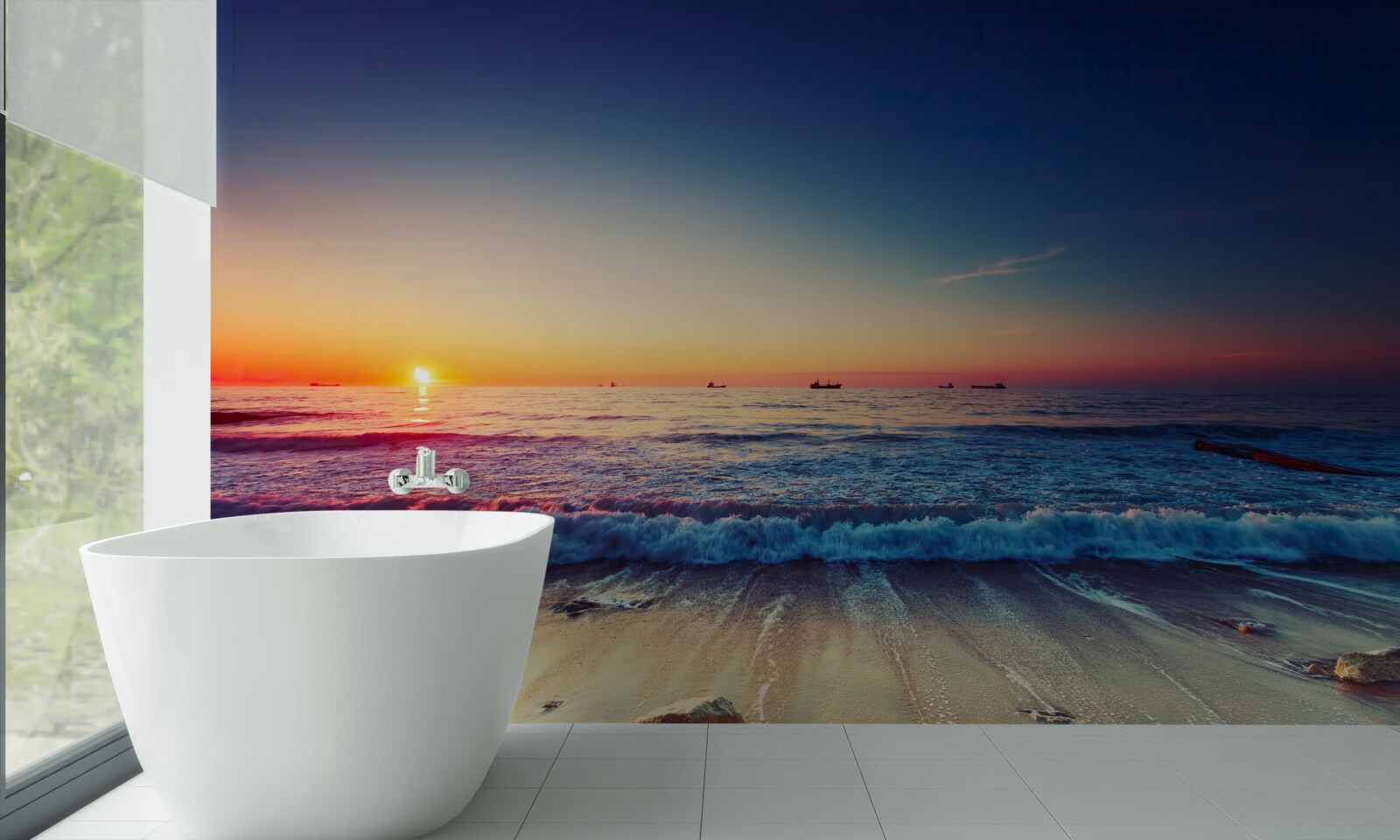 Fotobehang zeestorm tegen een achtergrond van zonsondergang