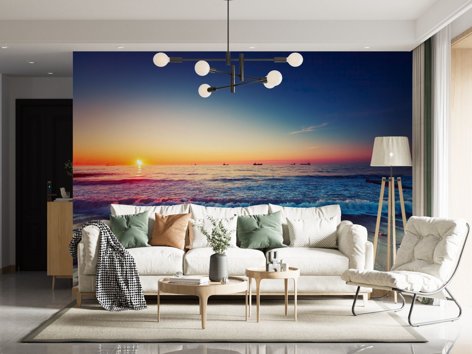 Fotobehang zeestorm tegen een achtergrond van zonsondergang