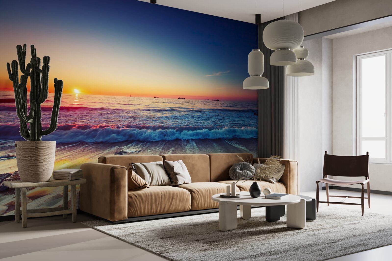 Fotobehang zeestorm tegen een achtergrond van zonsondergang