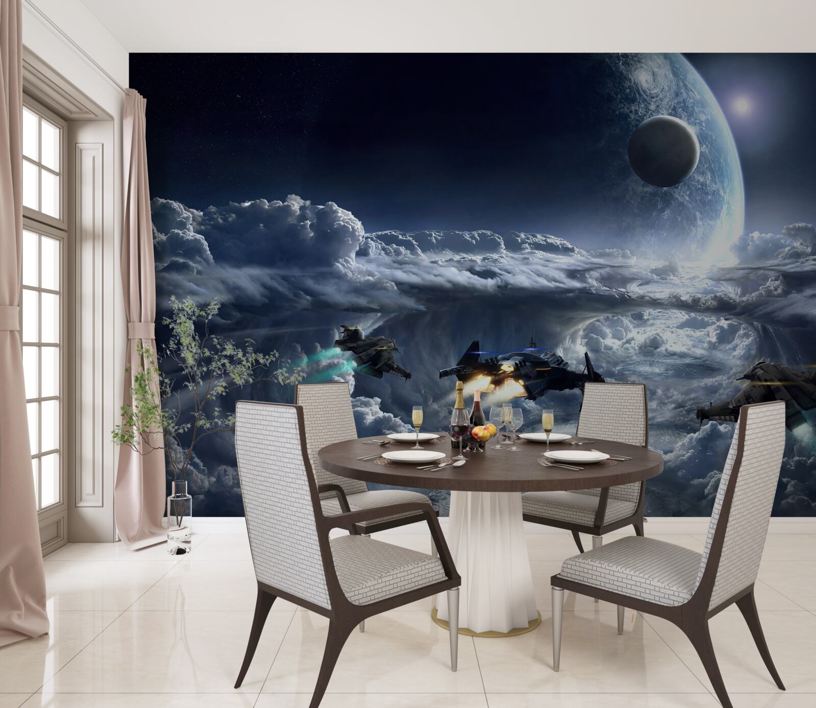 Fotobehang dichte wolken tegen de achtergrond van een grote planeet