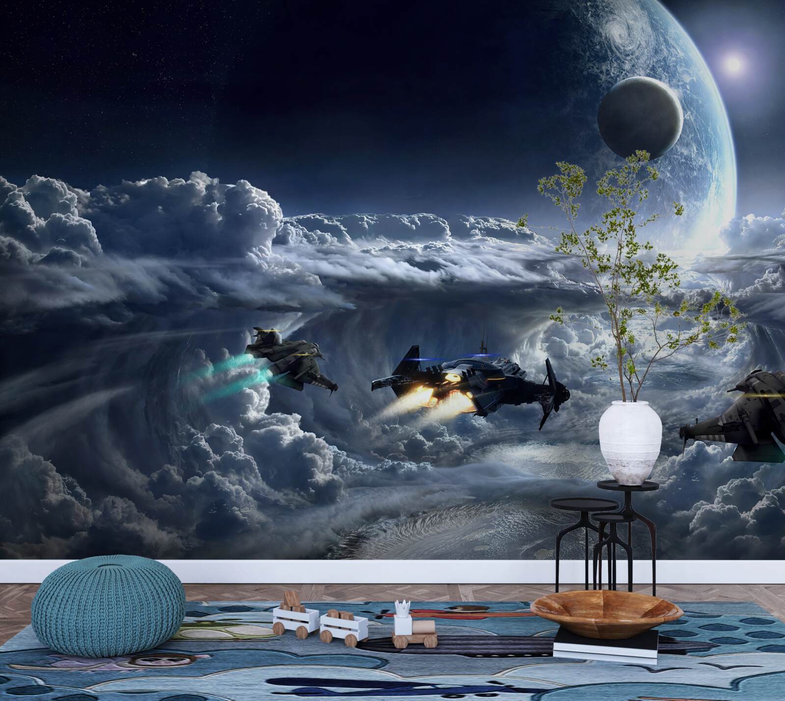 Fotobehang dichte wolken tegen de achtergrond van een grote planeet