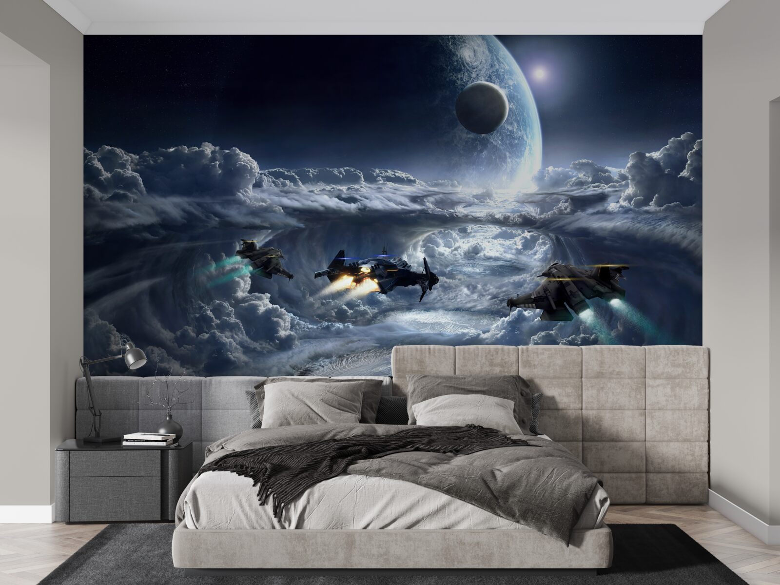 Fotobehang dichte wolken tegen de achtergrond van een grote planeet