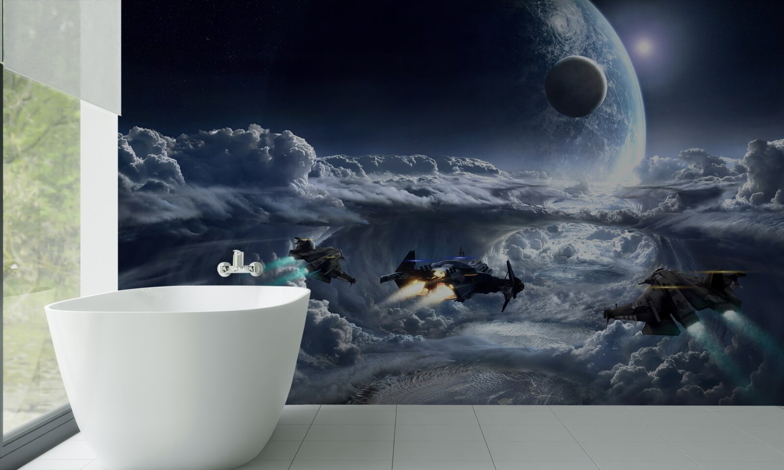 Fotobehang dichte wolken tegen de achtergrond van een grote planeet