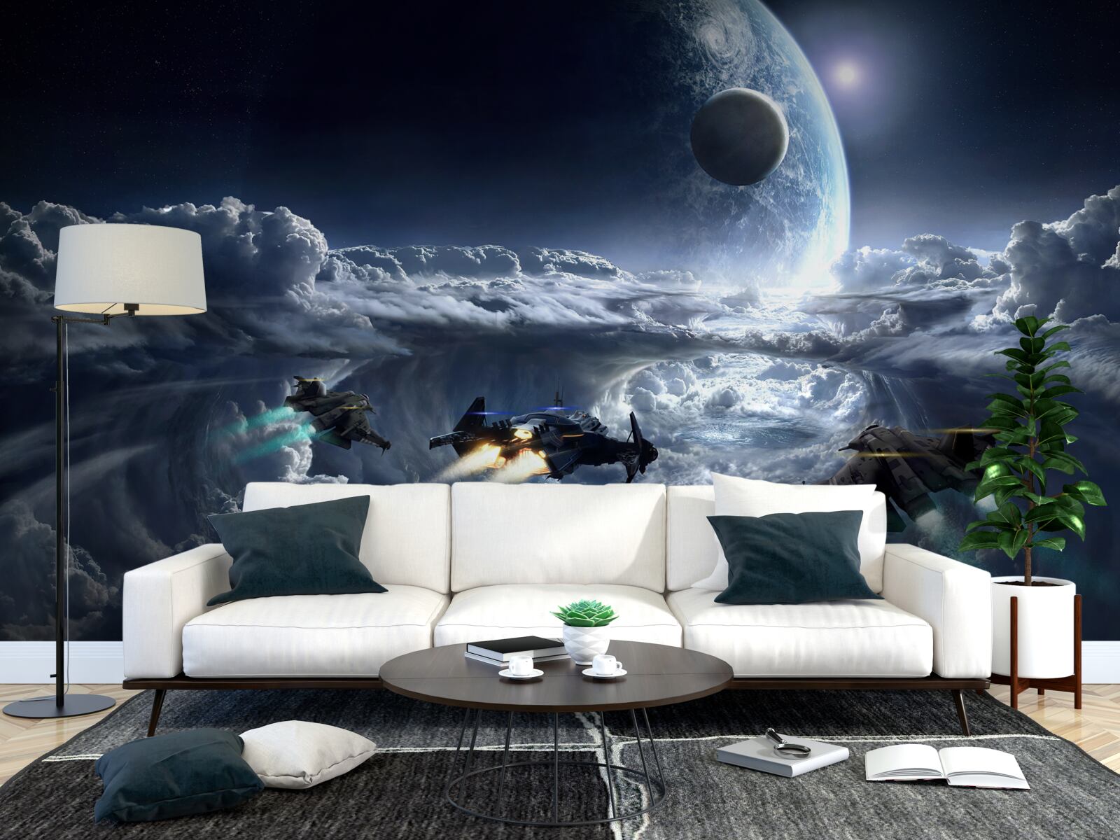 Fotobehang dichte wolken tegen de achtergrond van een grote planeet