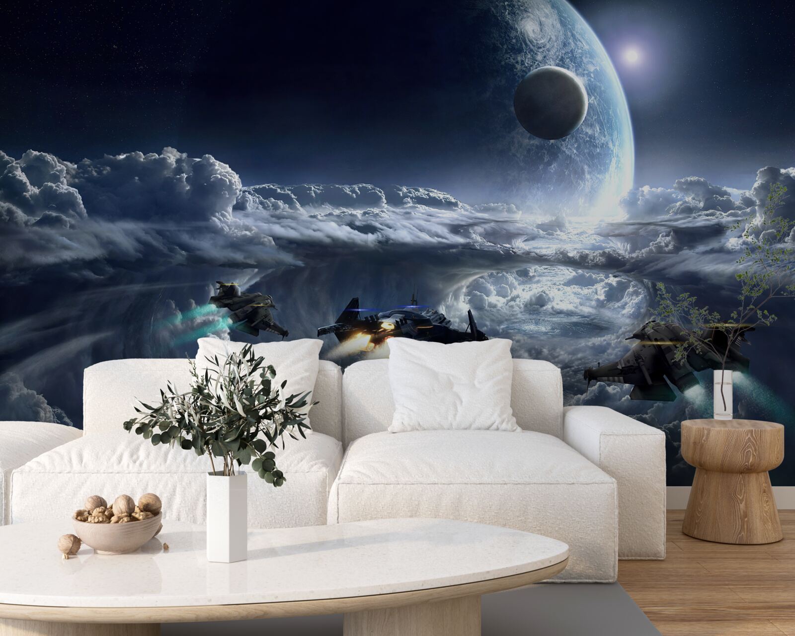 Fotobehang dichte wolken tegen de achtergrond van een grote planeet