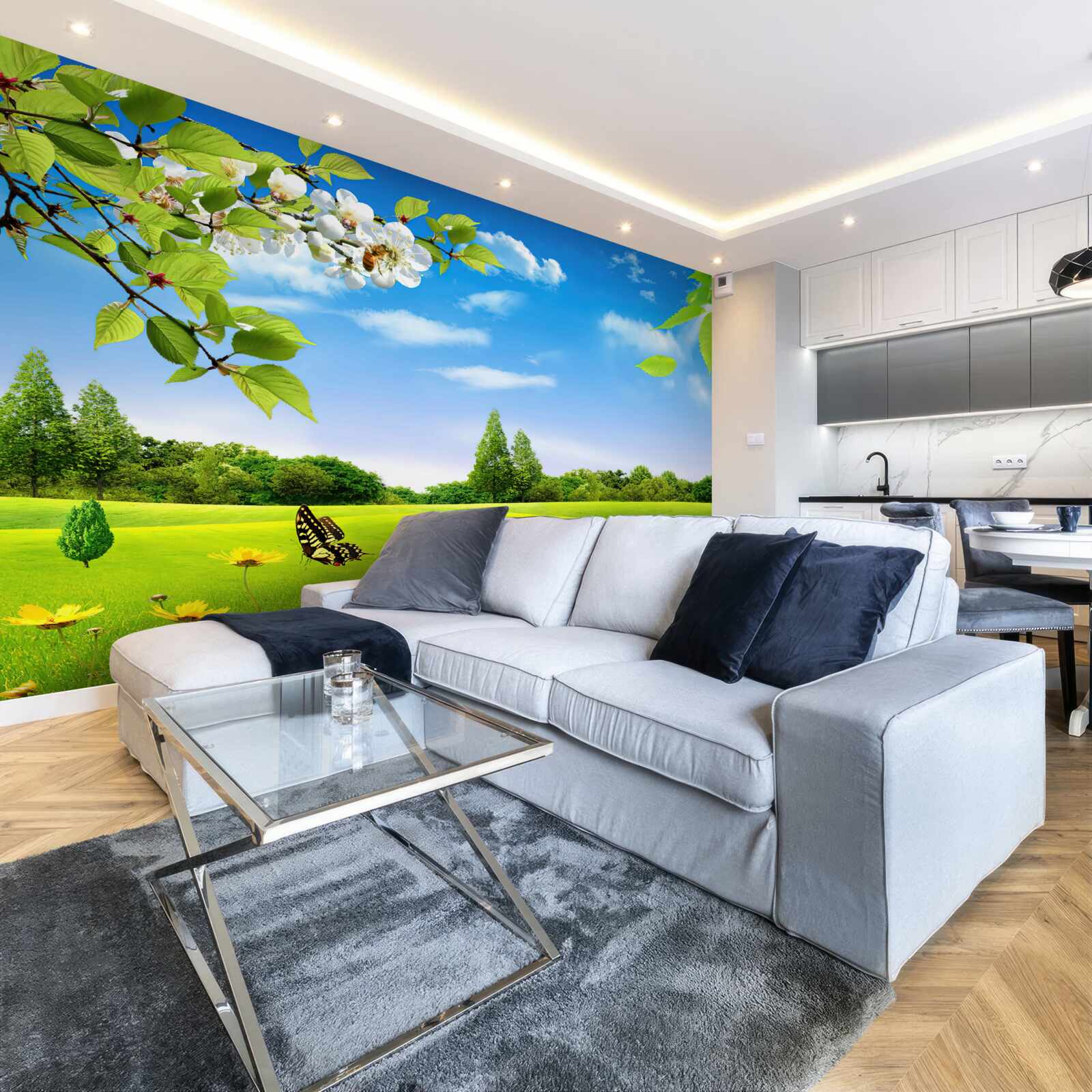 Fotobehang groen gazon en vlinder