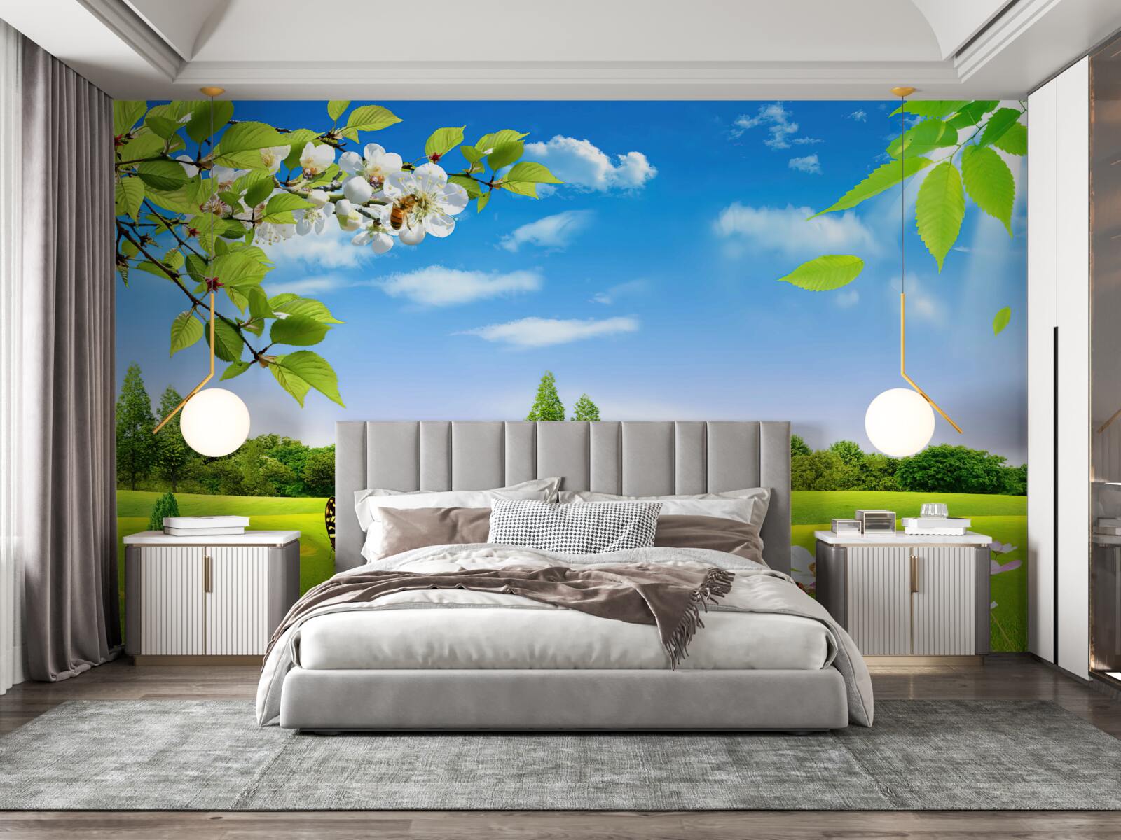 Fotobehang groen gazon en vlinder