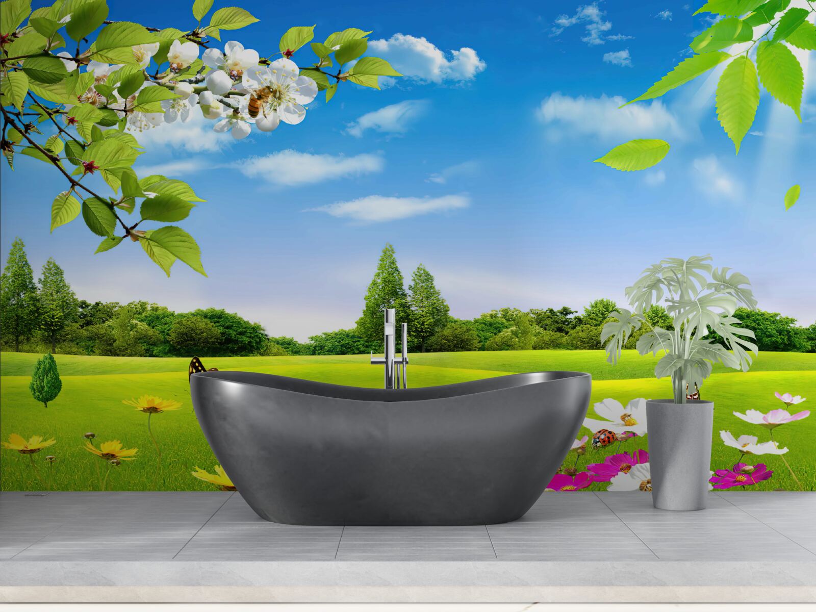 Fotobehang groen gazon en vlinder