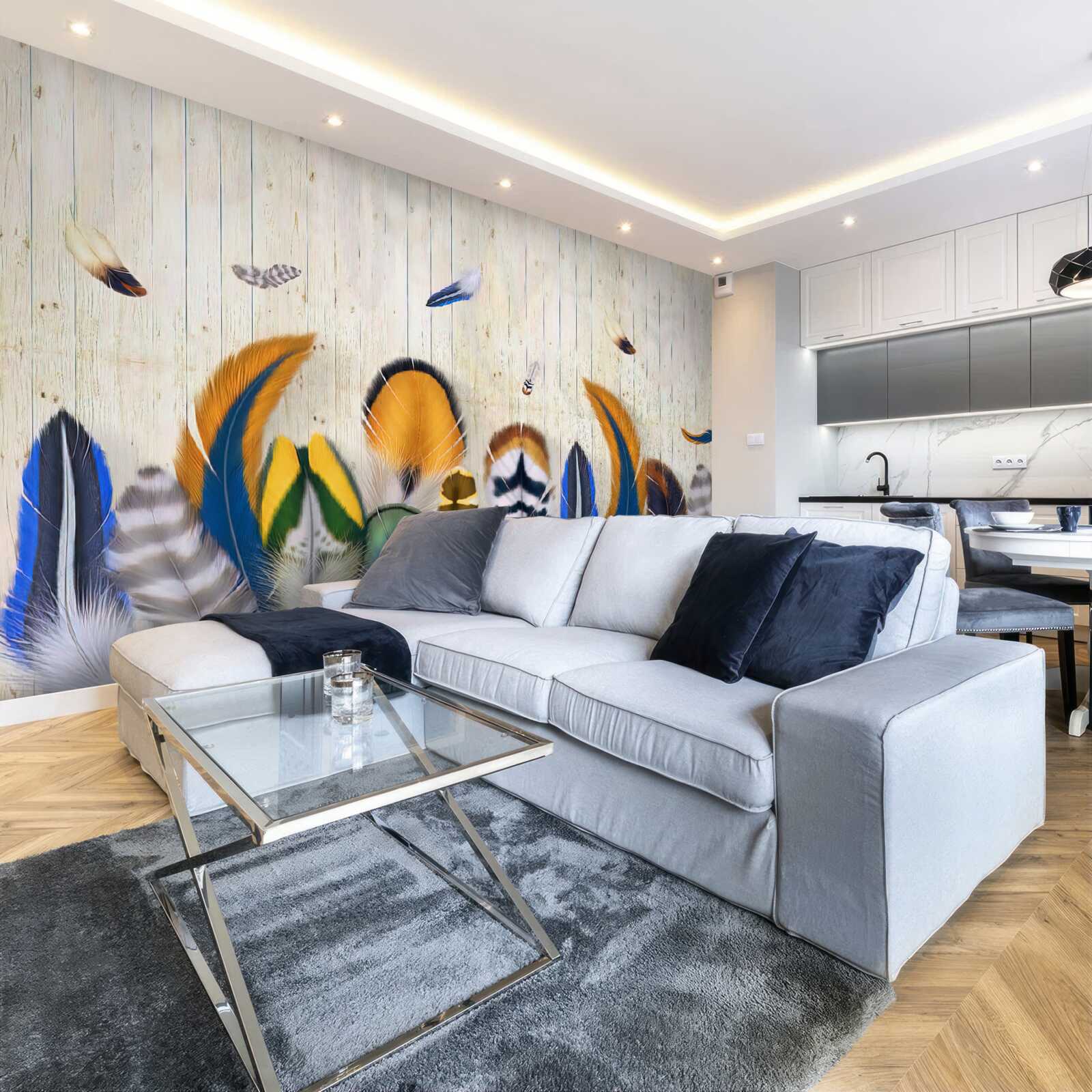 Fotobehang vogelveren in verschillende formaten en tinten