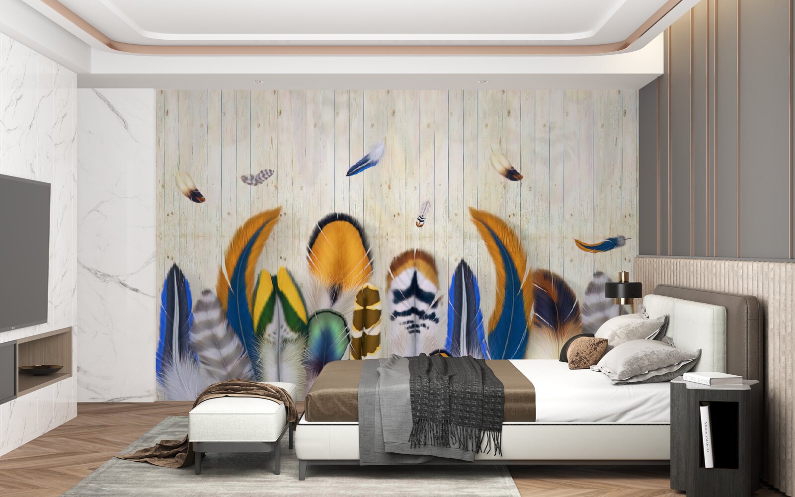 Fotobehang vogelveren in verschillende formaten en tinten