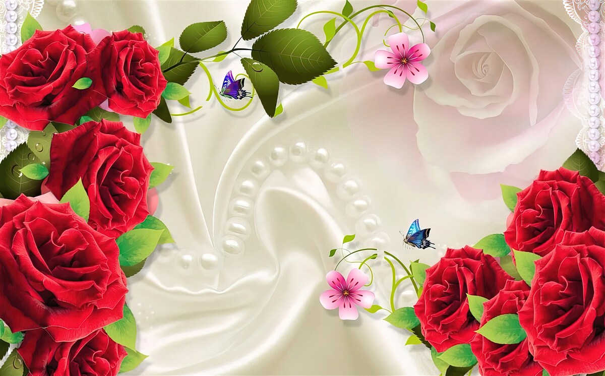 Fotobehang scharlakenrode rozen op sneeuwwitte satijnen stof