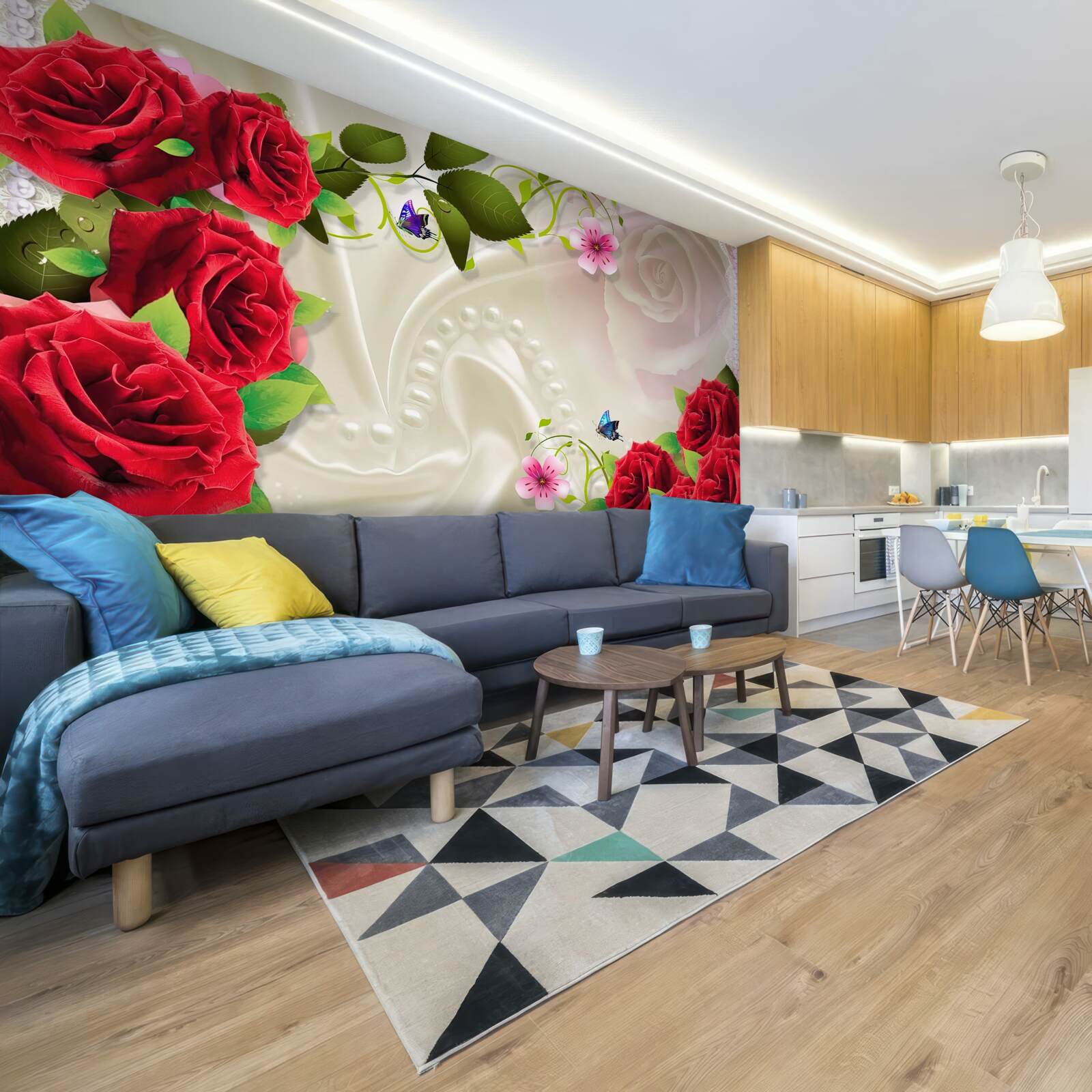 Fotobehang scharlakenrode rozen op sneeuwwitte satijnen stof