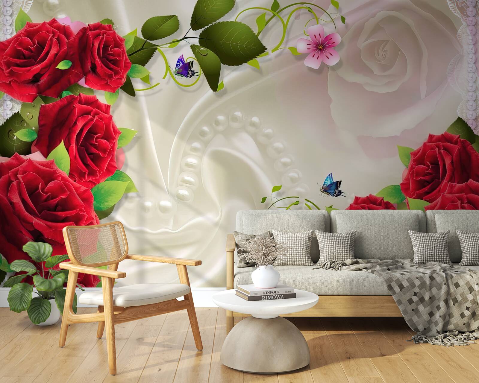 Fotobehang scharlakenrode rozen op sneeuwwitte satijnen stof