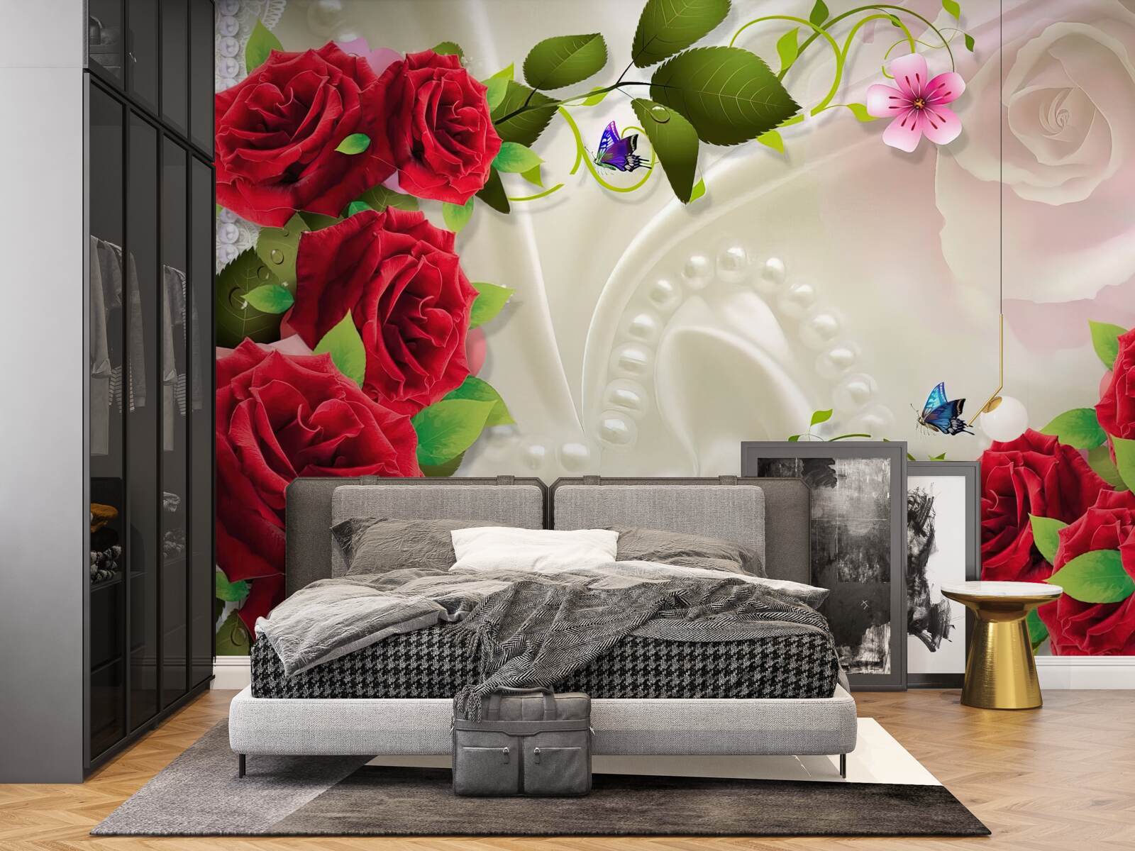 Fotobehang scharlakenrode rozen op sneeuwwitte satijnen stof