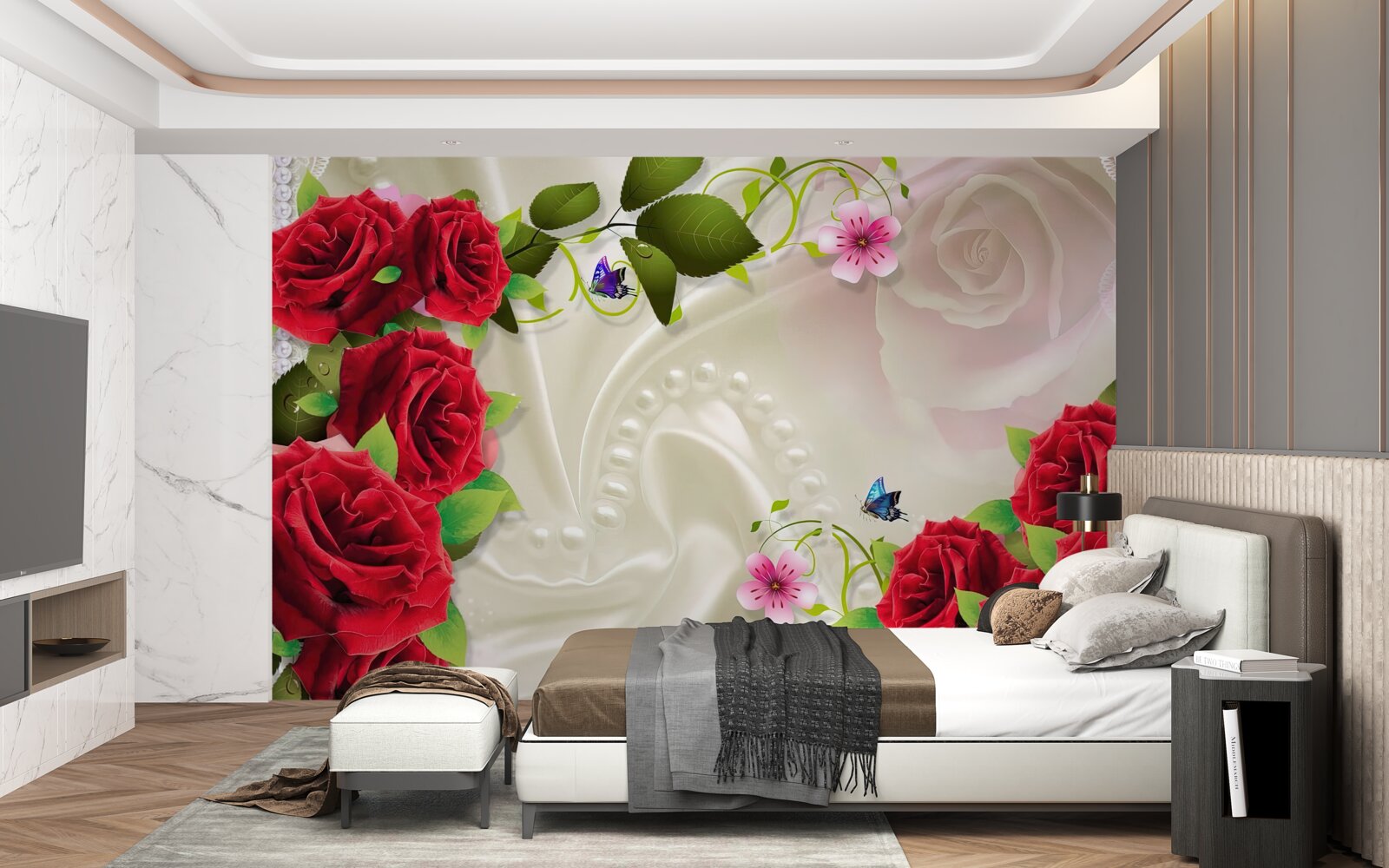 Fotobehang scharlakenrode rozen op sneeuwwitte satijnen stof