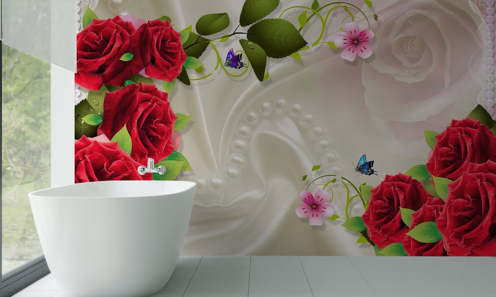 Fotobehang scharlakenrode rozen op sneeuwwitte satijnen stof