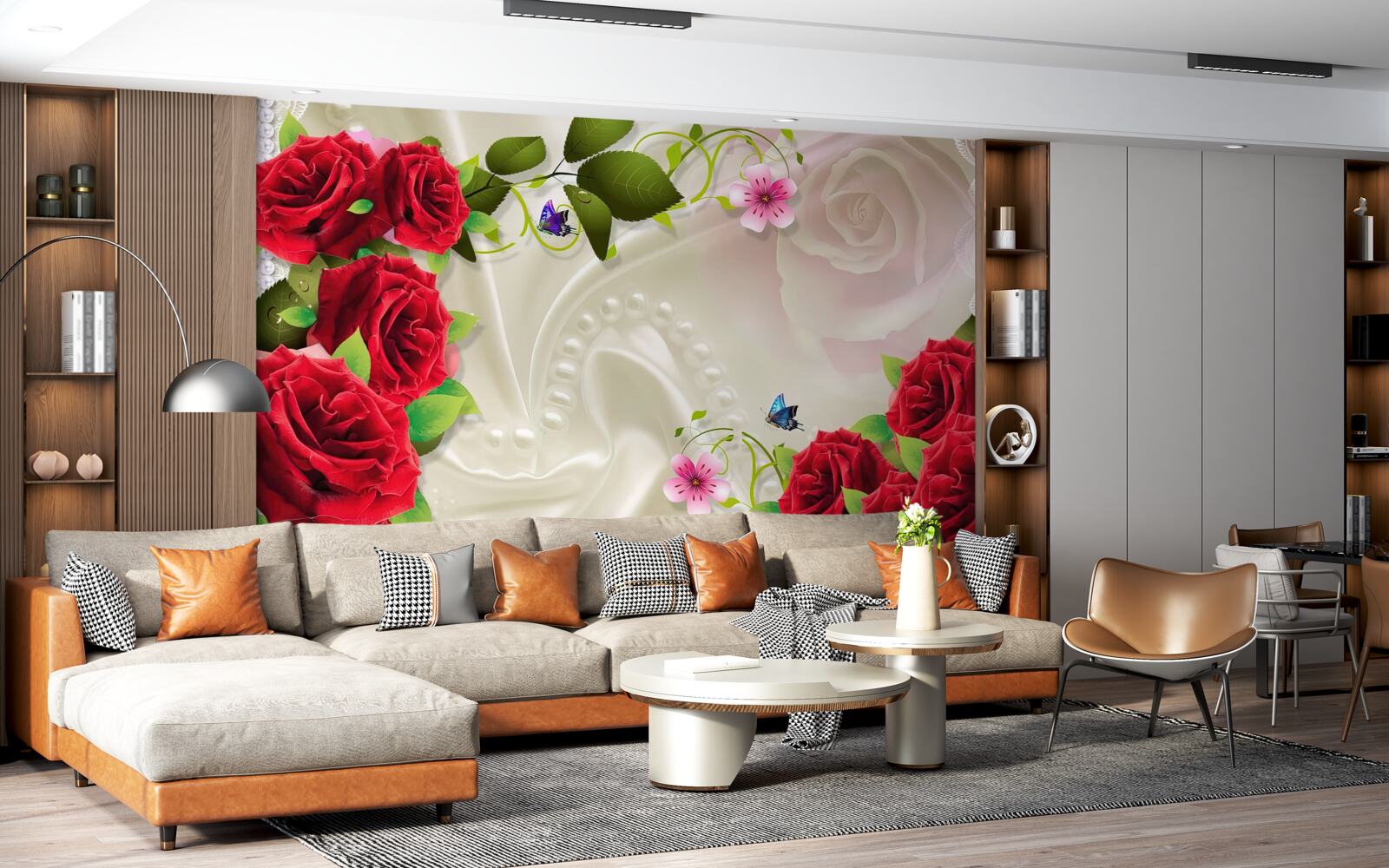 Fotobehang scharlakenrode rozen op sneeuwwitte satijnen stof