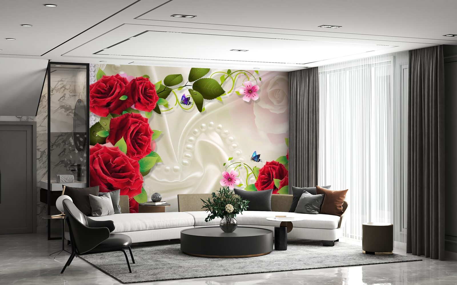 Fotobehang scharlakenrode rozen op sneeuwwitte satijnen stof