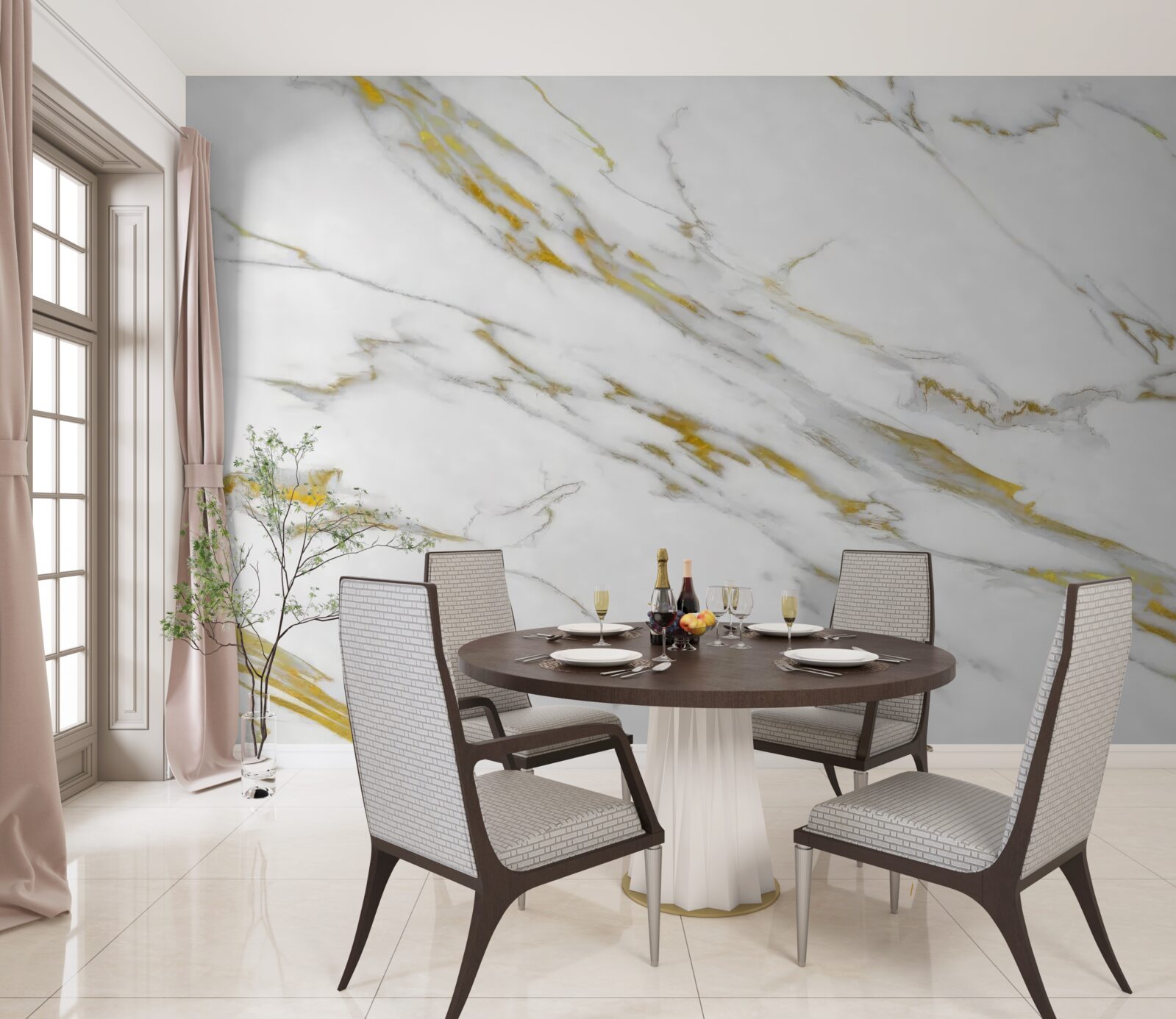 Fotobehang witte achtergrond met gouden lijnen