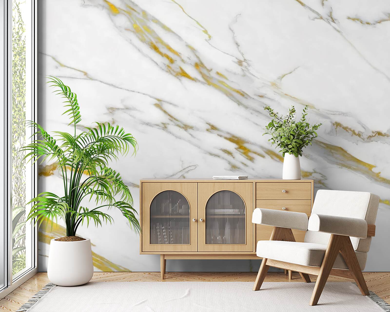 Fotobehang witte achtergrond met gouden lijnen