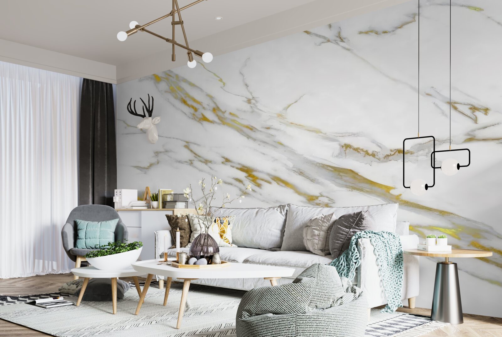 Fotobehang witte achtergrond met gouden lijnen