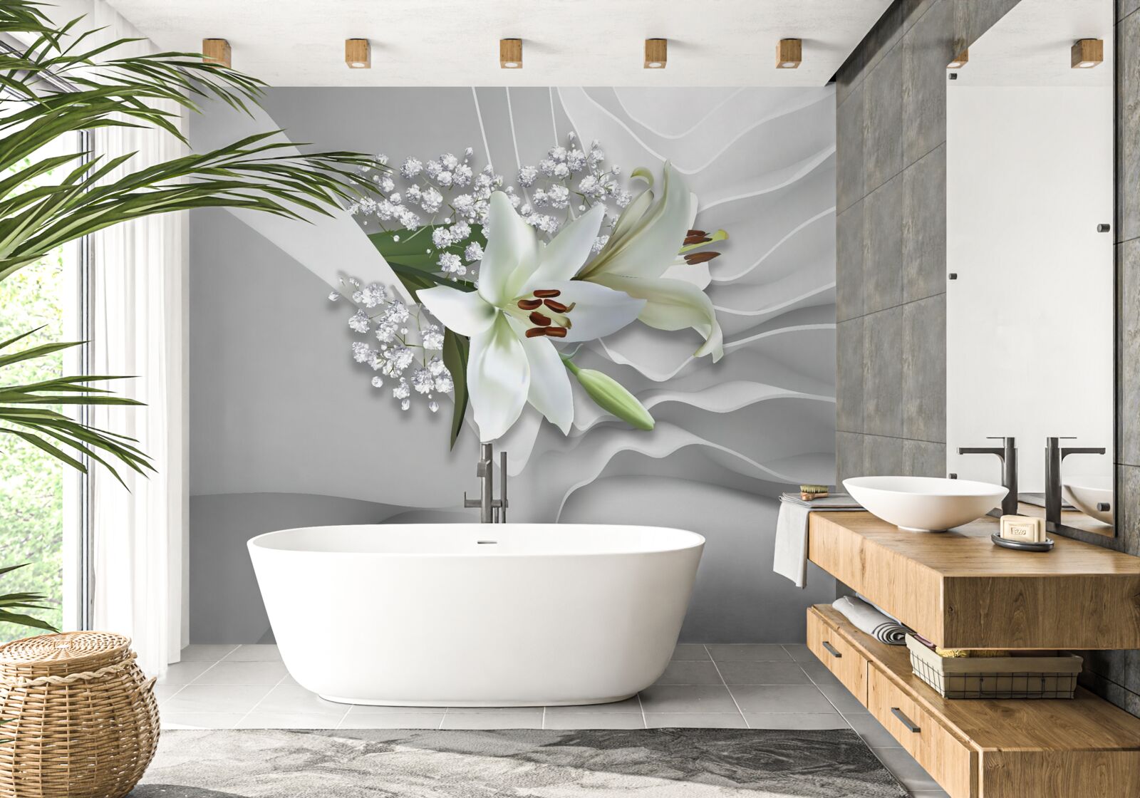 Fotobehang heldere achtergrond met witte lelies