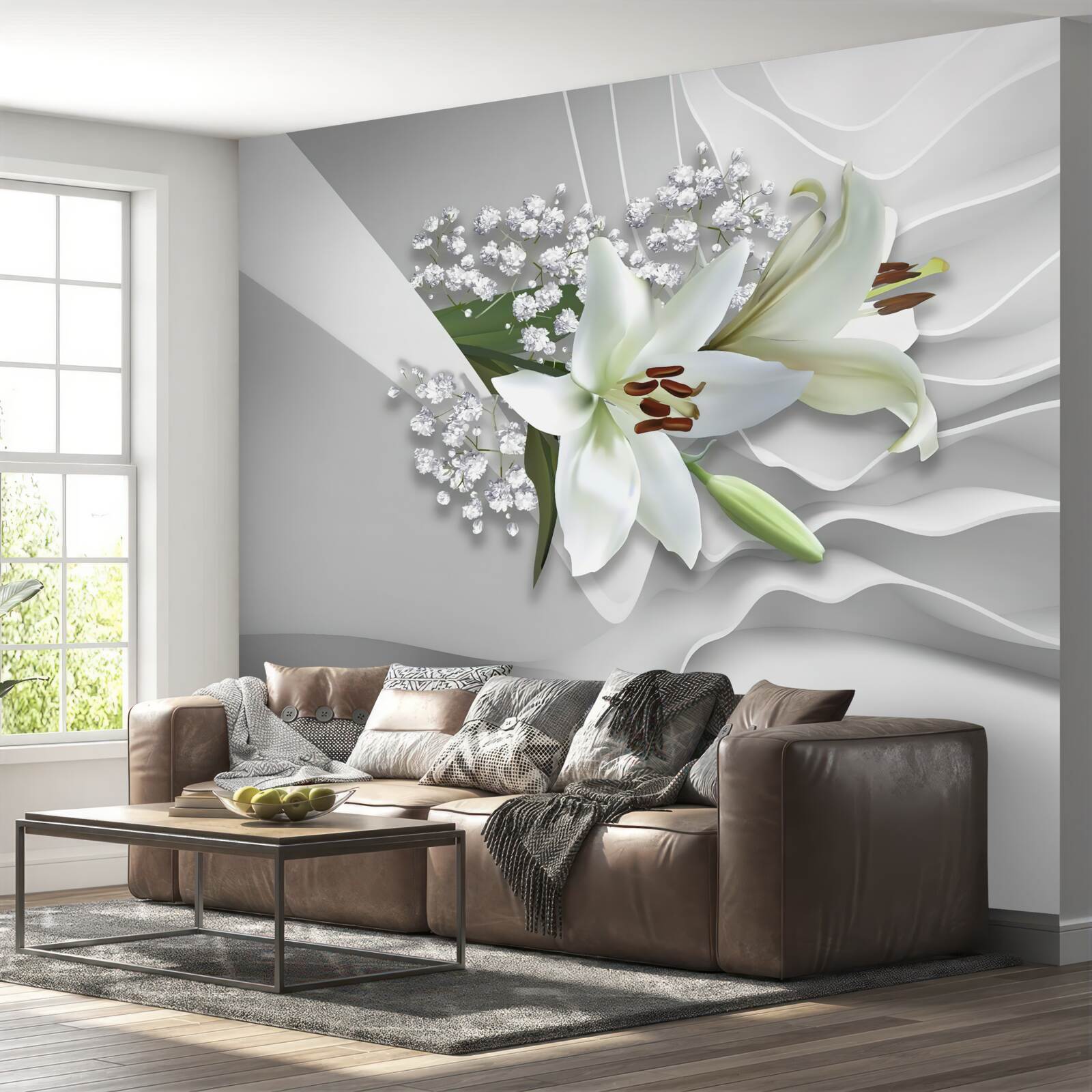 Fotobehang heldere achtergrond met witte lelies