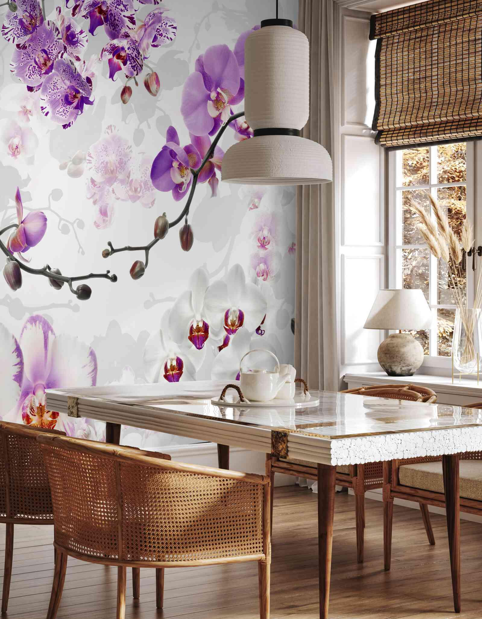 Fotobehang tak met bloeiende paarse orchideeën