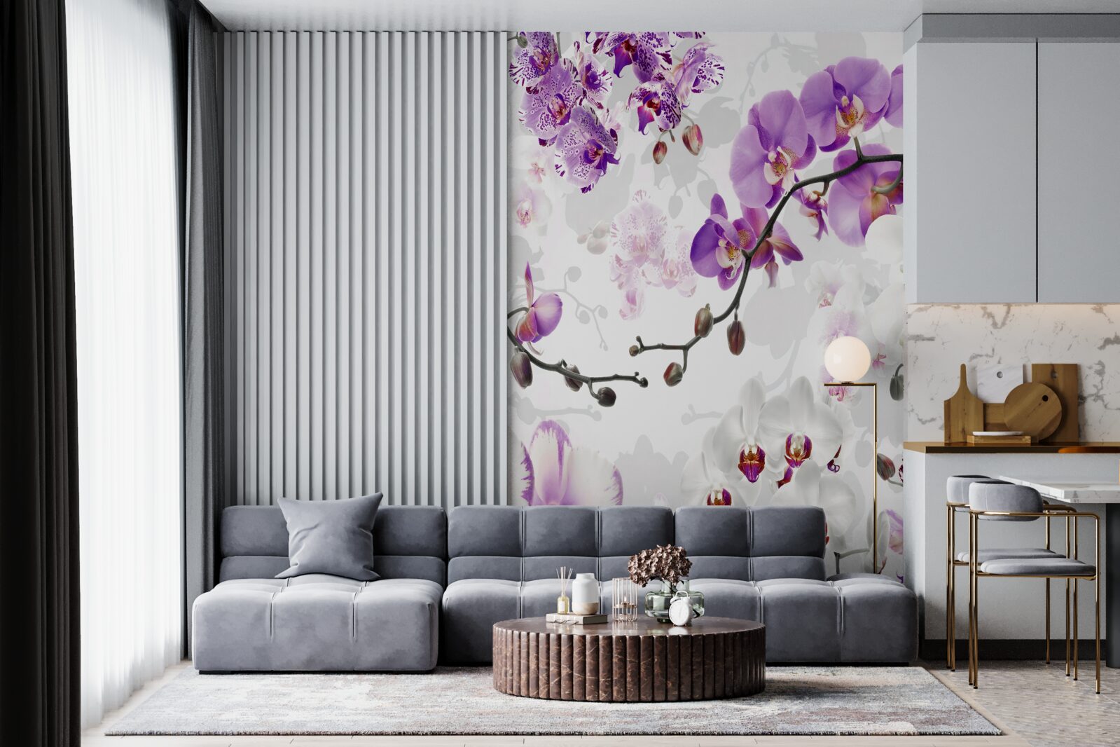 Fotobehang tak met bloeiende paarse orchideeën