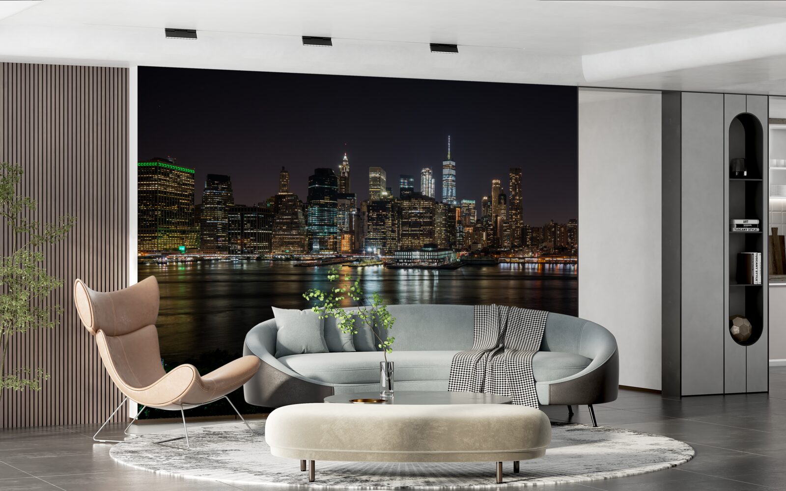 Fotobehang panorama van de nachtelijke stad vanaf de andere oever