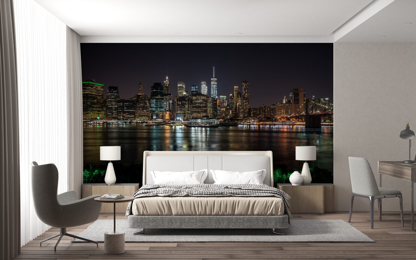 Fotobehang panorama van de nachtelijke stad vanaf de andere oever