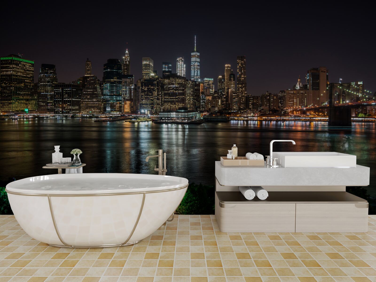 Fotobehang panorama van de nachtelijke stad vanaf de andere oever