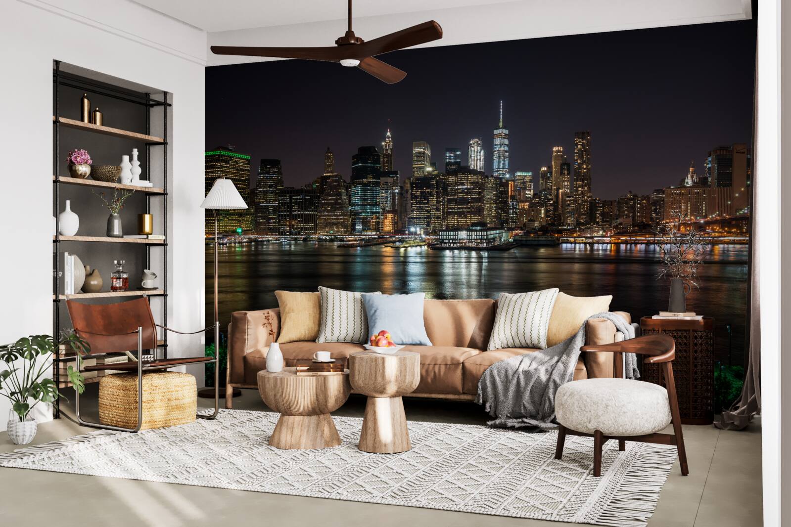 Fotobehang panorama van de nachtelijke stad vanaf de andere oever