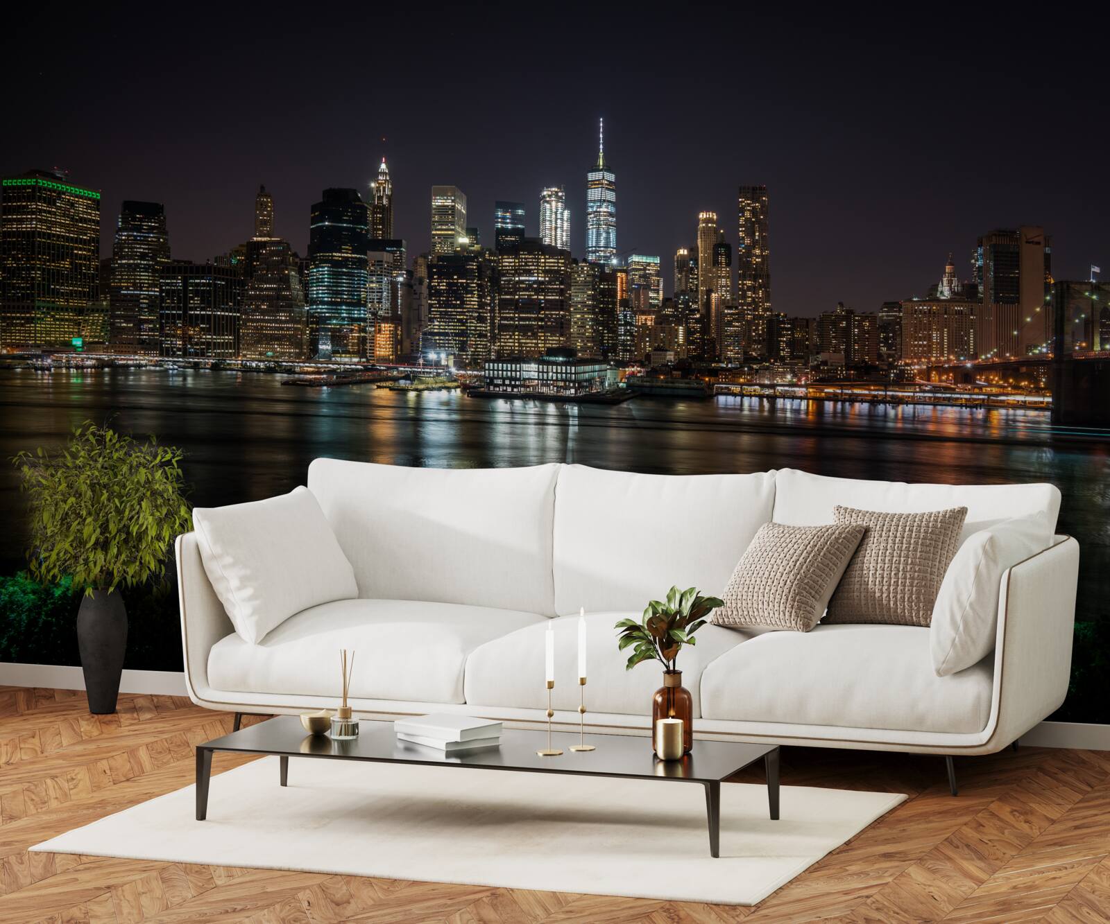 Fotobehang panorama van de nachtelijke stad vanaf de andere oever