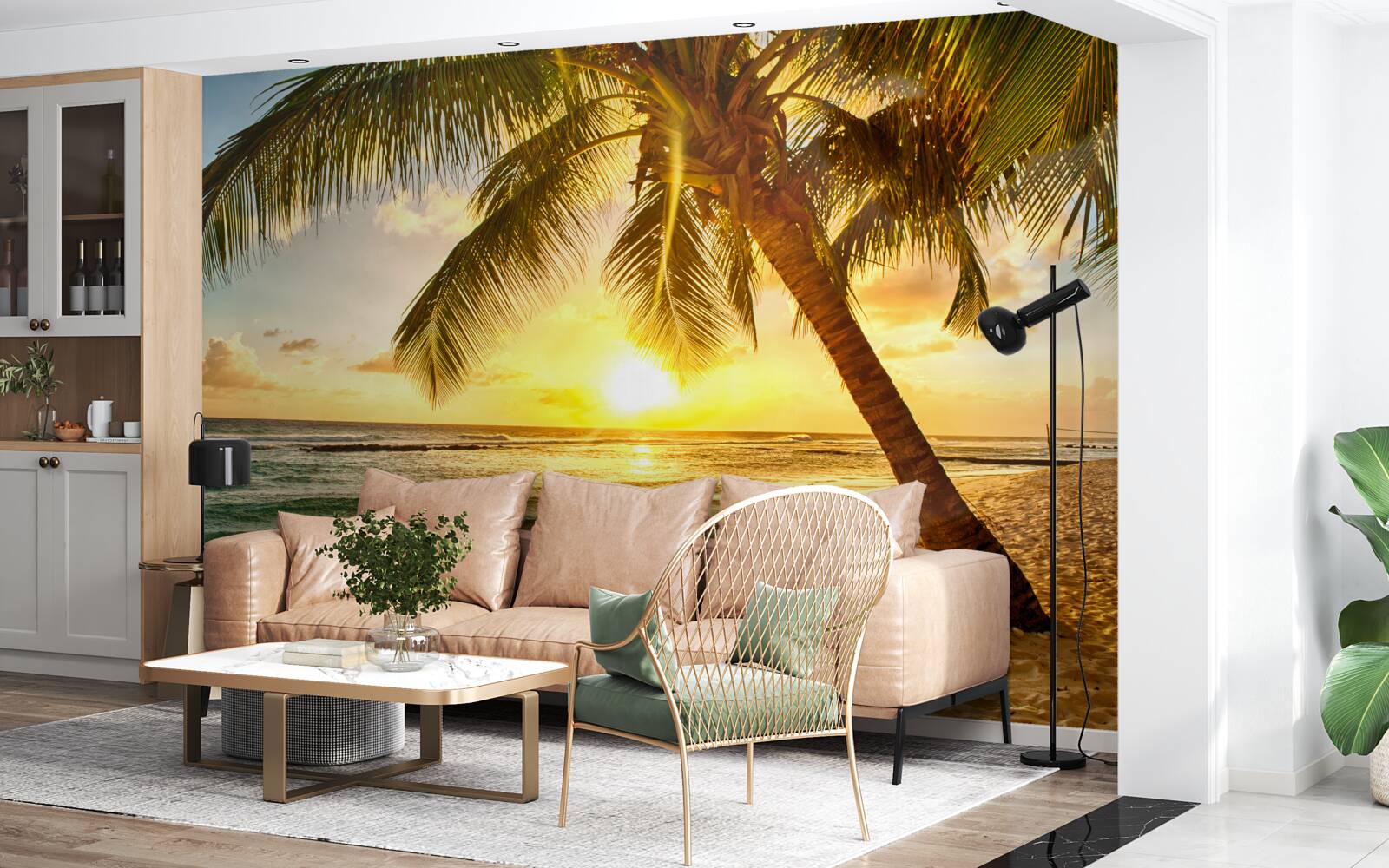 Fotobehang de zon gaat onder aan de horizon van de oceaan en verlicht de palmbomen