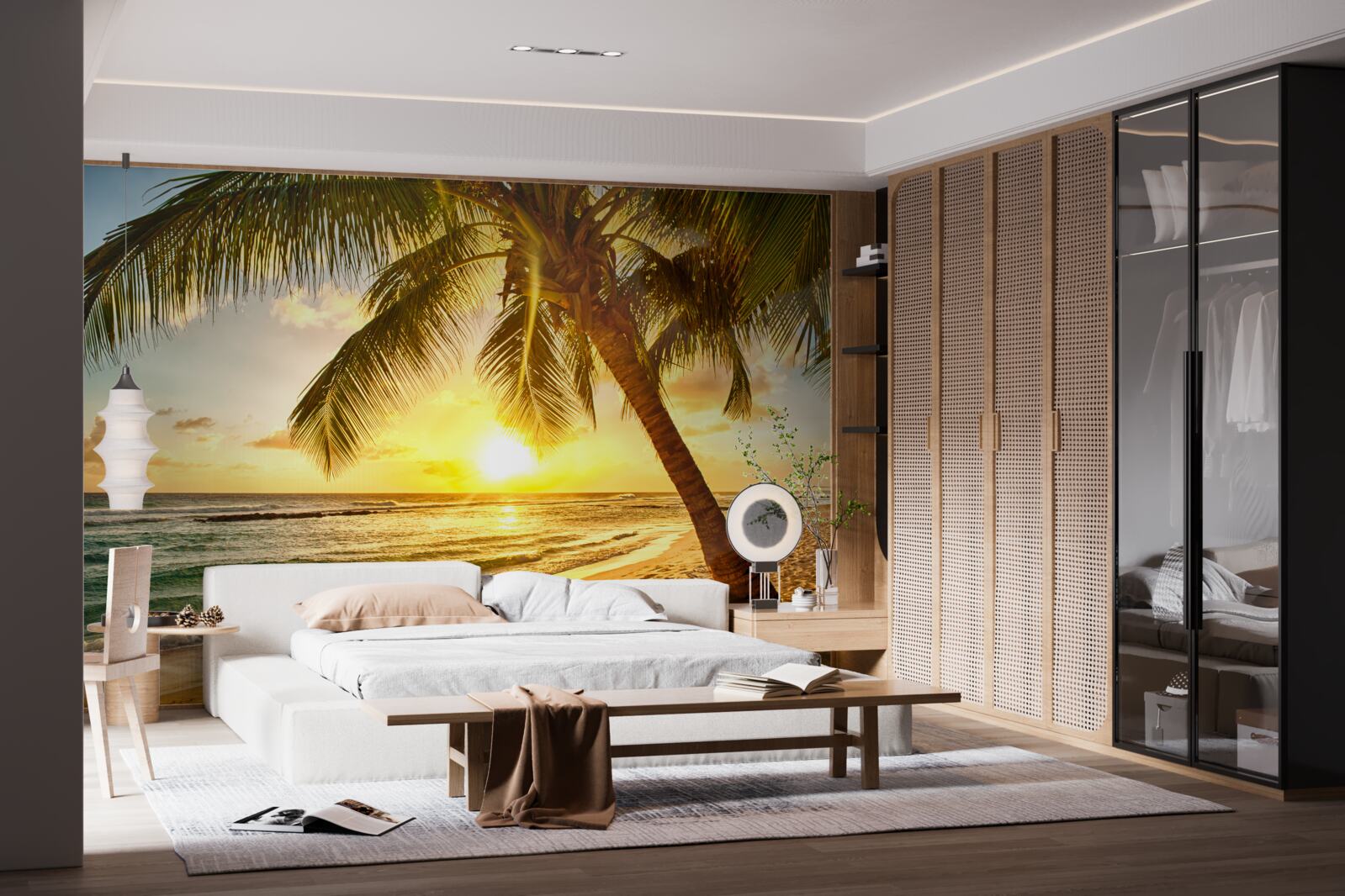 Fotobehang de zon gaat onder aan de horizon van de oceaan en verlicht de palmbomen