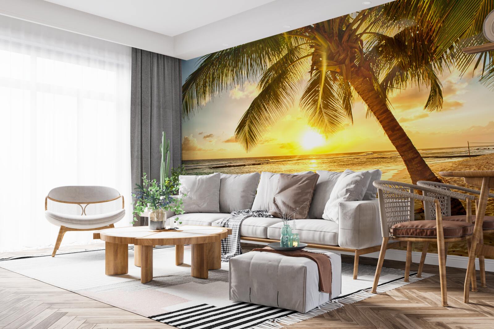 Fotobehang de zon gaat onder aan de horizon van de oceaan en verlicht de palmbomen