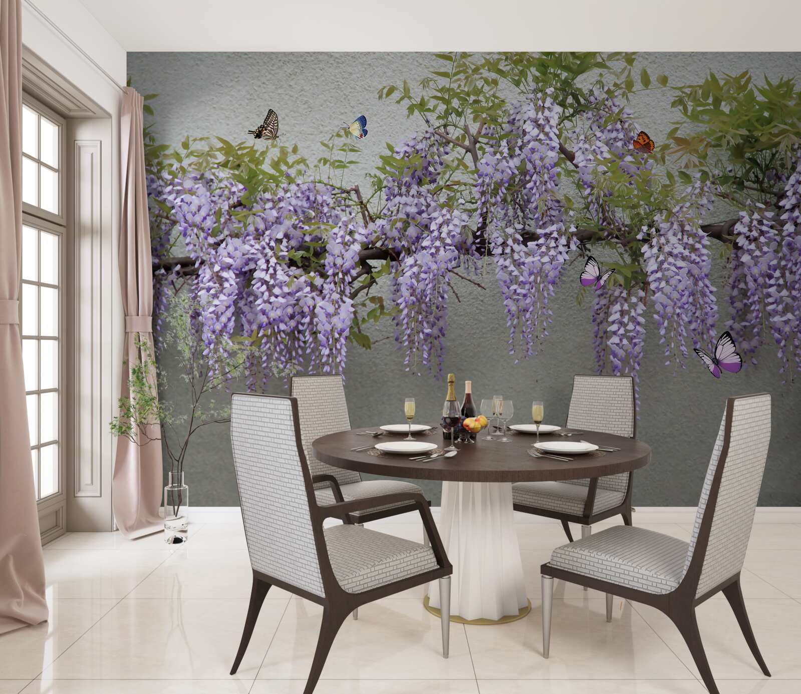 Fotobehang een tak met lila bloesems en fladderende vlinders