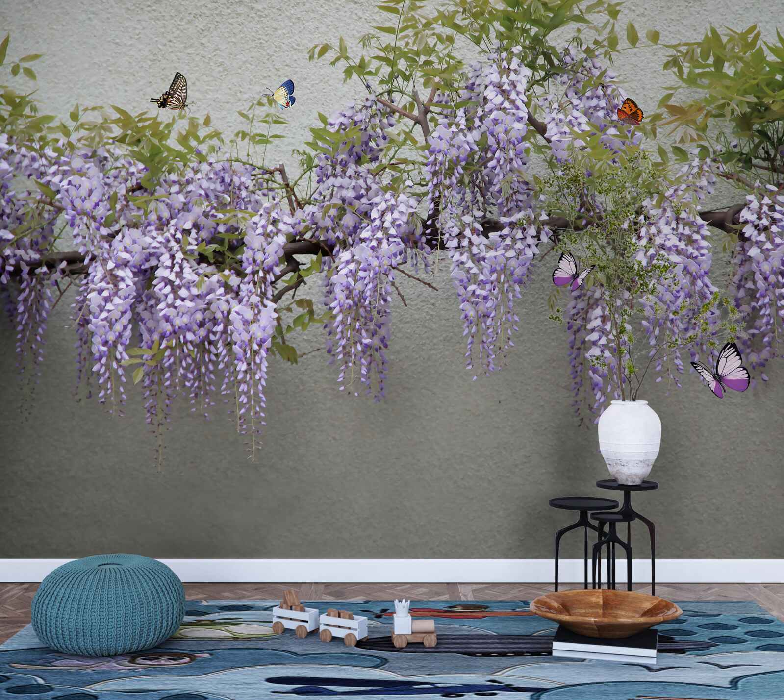 Fotobehang een tak met lila bloesems en fladderende vlinders