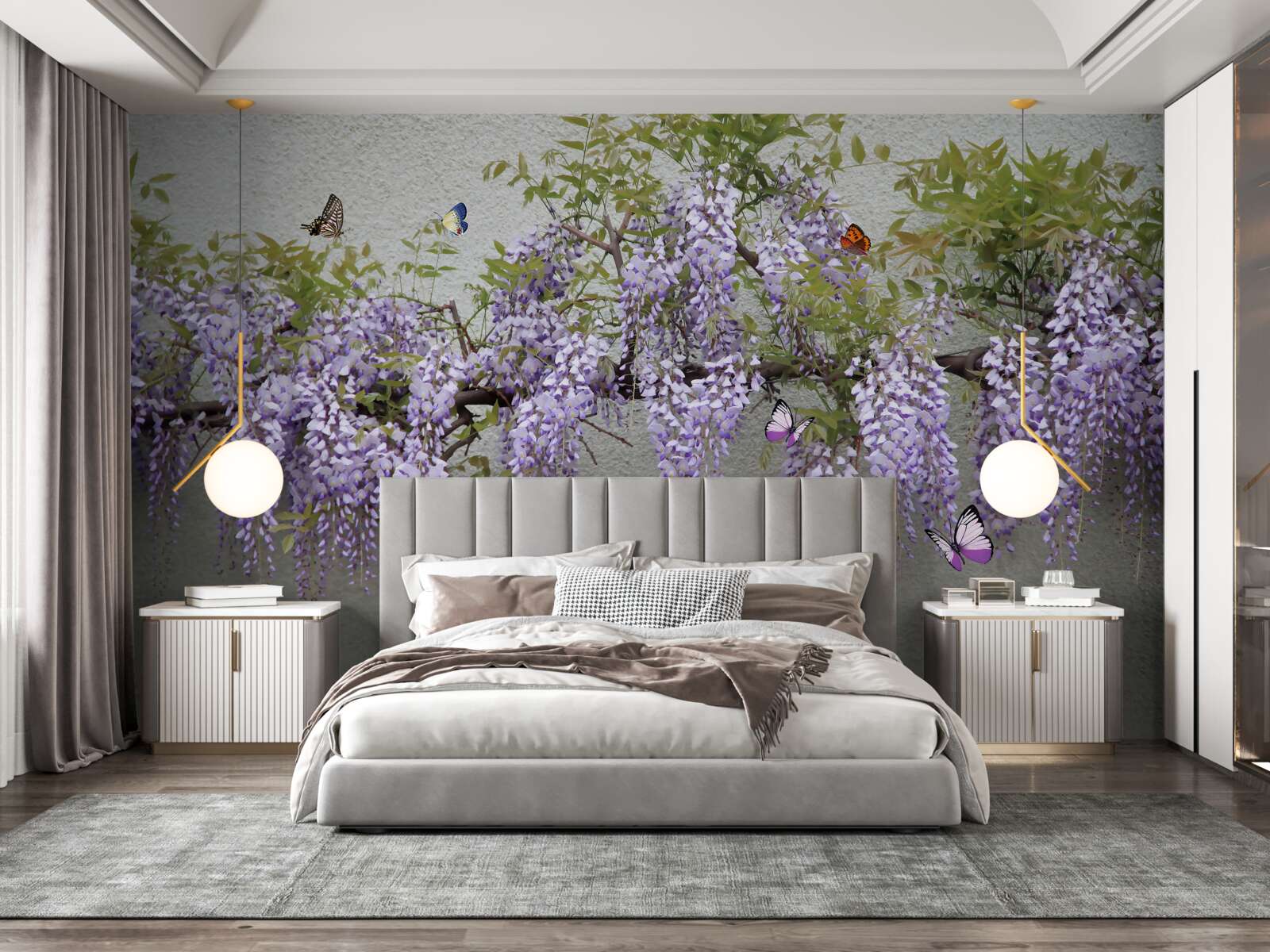 Fotobehang een tak met lila bloesems en fladderende vlinders