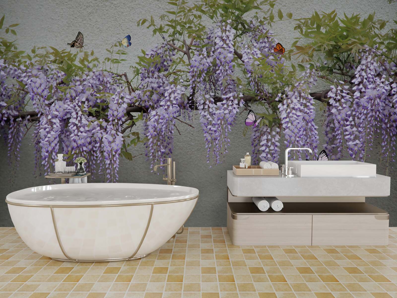 Fotobehang een tak met lila bloesems en fladderende vlinders